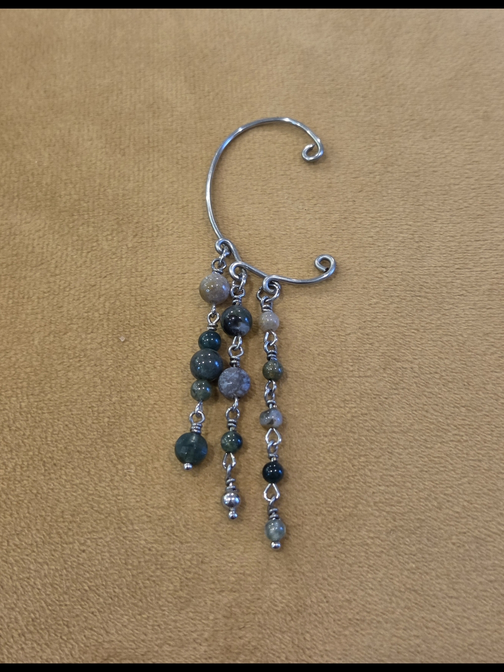 Handmade Silver Ear Cuff with Moss Agate Stone Dangles
